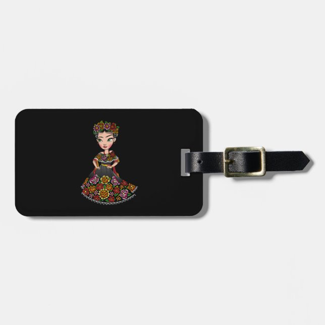 Étiquette À Bagage poupée mexicaine avec fleurs (Devant horizontal)
