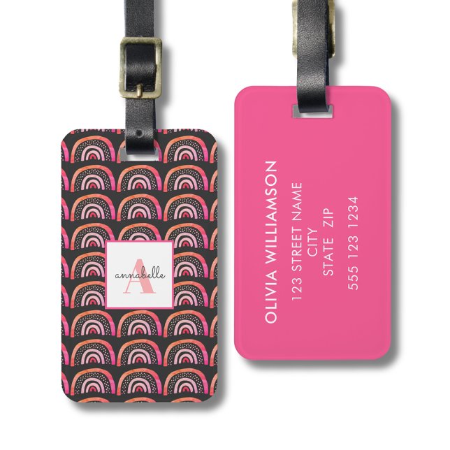 Étiquette À Bagage Prénom initial rose arc-en-ciel (Personalized rainbow monogram luggage tag)