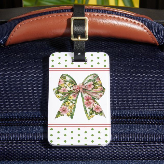 Étiquette À Bagage Preppy Pink and Green Floral Bow Personalized (Insitu Rectoal 2)