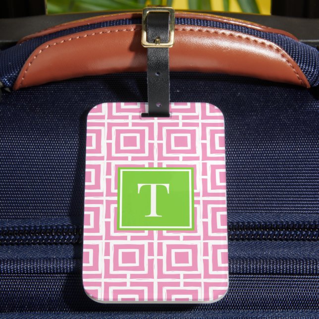 Étiquette À Bagage Preppy Square Lattice Monogram – Pink & Lime (Insitu Rectoal 2)