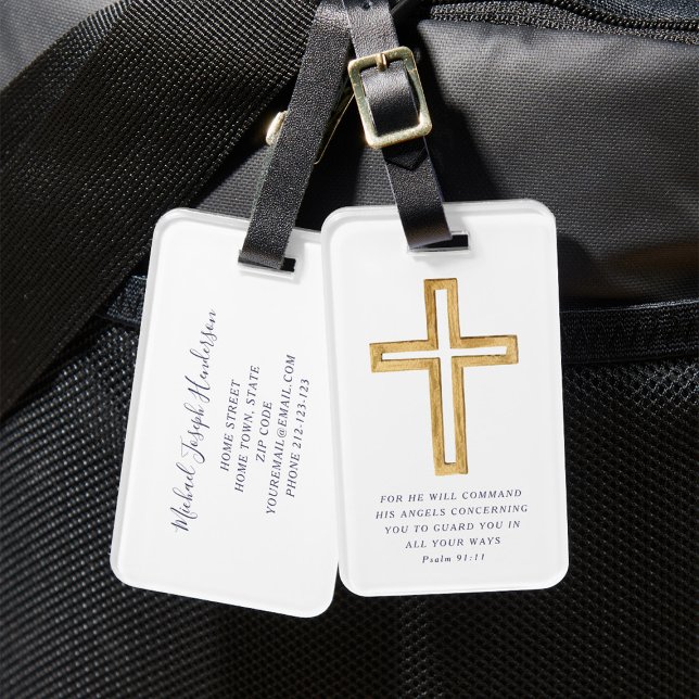 Étiquette À Bagage Psaume 91:11 Bible Verse Religieux Croix Bleue Écr (Psalm 91:11 Bible Verse Religious Cross Blue Scrip Luggage Tag)