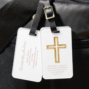 Étiquette À Bagage Psaume 91:11 Bible Verse Religieux Croix rose Écri