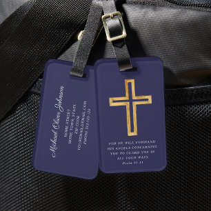 Étiquette À Bagage Psaume 91:11 Blessed Travel Blue Religious Cross