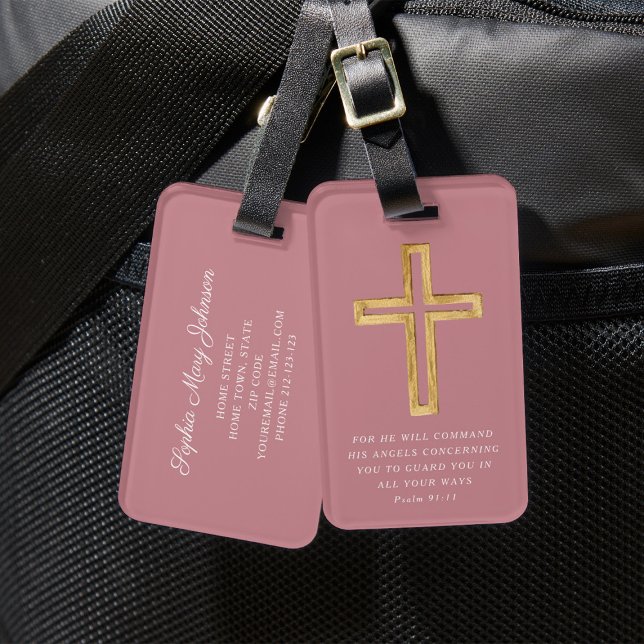 Étiquette À Bagage Psaume 91:11 Voyage béni Croix religieuse rose (Psalm 91:11 Blessed Travel Pink Religious Cross Luggage Tag)