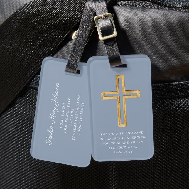 Étiquette À Bagage Psaume bleu 91:11 Voyage béni Croix religieuse (Blue Psalm 91:11 Blessed Travel Religious Cross Luggage Tag)