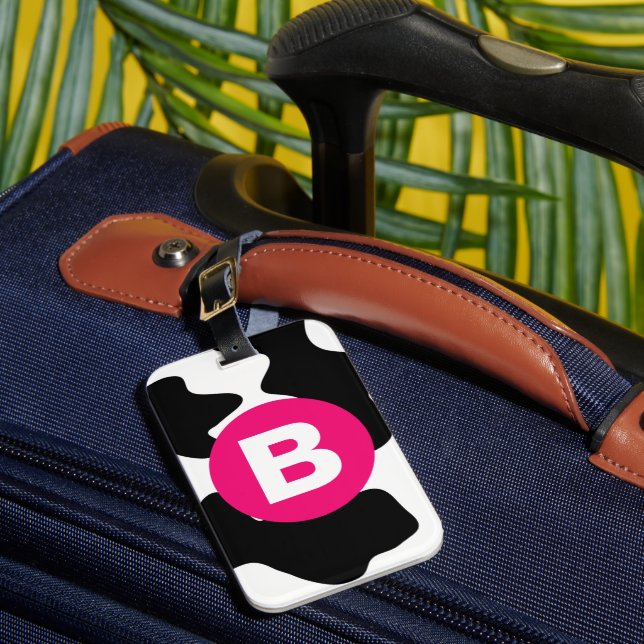 Étiquette À Bagage Quirky Cow Patch Pattern Pink Monogram (Insitu Rectoal 1)