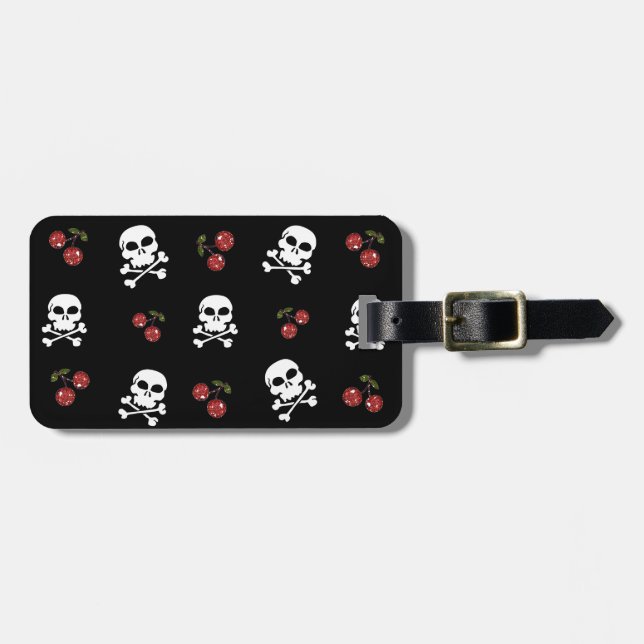 Étiquette À Bagage RAB Rockabilly Skuls et Cerises sur Noir (Devant horizontal)