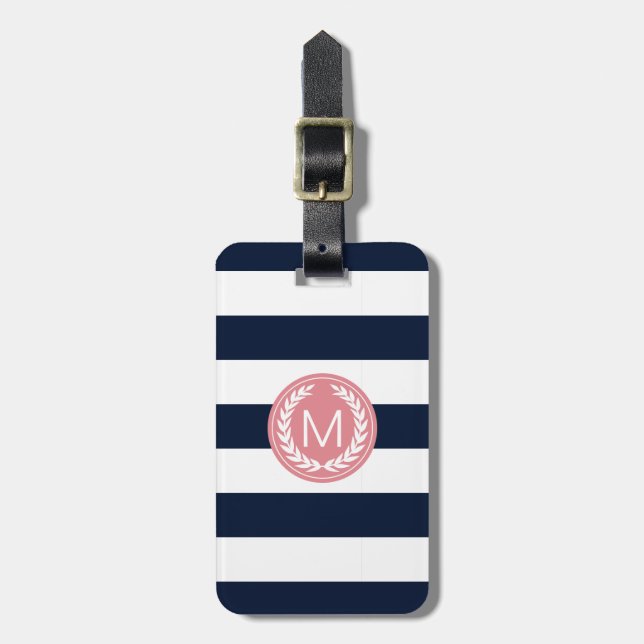 Étiquette À Bagage Rayure de bleu marine avec le monogramme rose de (Devant Vertical)