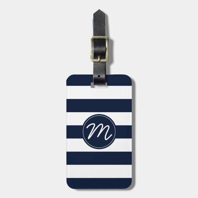 Étiquette À Bagage Rayure de bleu marine et de blanc personnalisée (Devant Vertical)