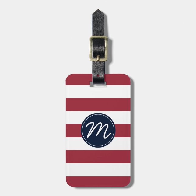 Étiquette À Bagage Rayure de rouge de cerise avec le monogramme de (Devant Vertical)