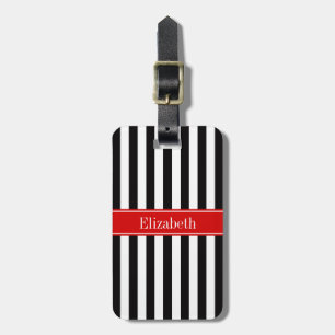 Étiquette À Bagage Rayure Noir Blanc Ruban Rouge Nom Monogramme