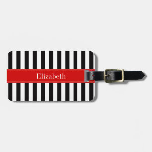 Étiquette À Bagage Rayure Noir Blanc Ruban Rouge Nom Monogramme
