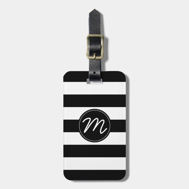 Étiquette À Bagage Rayure noire et blanche avec le monogramme noir (Devant Vertical)