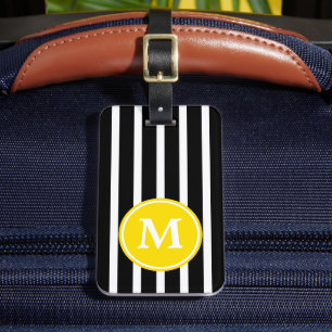 Étiquette À Bagage Rayure noire et blanche avec monogramme jaune