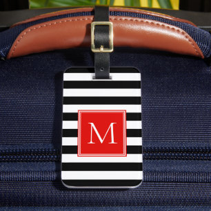 Étiquette À Bagage Rayure noire et blanche avec monogramme rouge