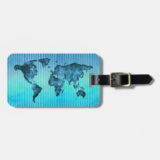 Étiquette À Bagage Rayures bleues au néon de la carte | du monde (Devant horizontal)
