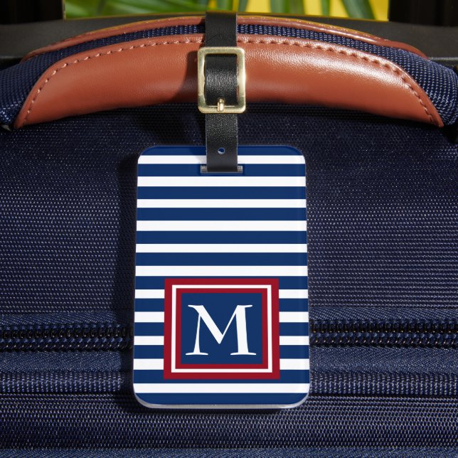 Étiquette À Bagage Rayures bleues et blanches avec le monogramme (Insitu Rectoal 2)