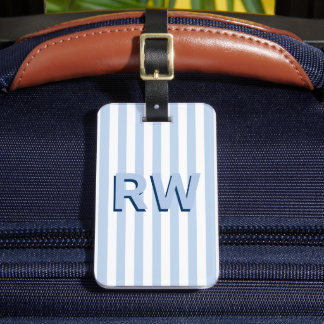 Étiquette À Bagage Rayures Bleues et Blanches avec Monogramme Ombre