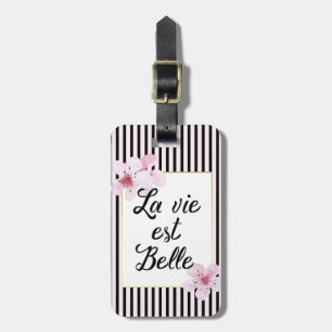 Étiquette À Bagage Rayures françaises chics et fleurs de cerisier de