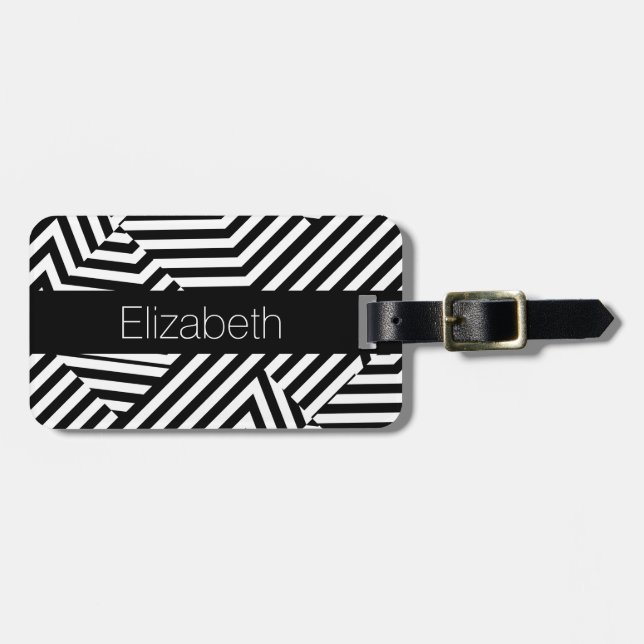 Étiquette À Bagage Rayures géométriques noires et blanches à la mode (Devant horizontal)