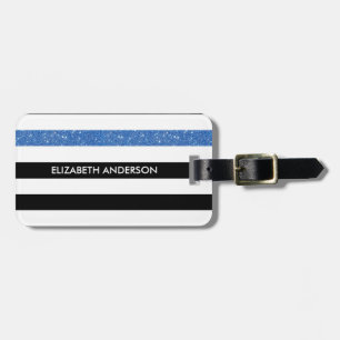 Étiquette À Bagage Rayures noires modernes FAUX Glitz bleu et nom
