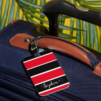 Étiquette À Bagage Rayures Personnalisées Nom Rouge Et Noir