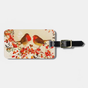 Étiquette À Bagage Red Gold Winter Birds Holly Berry Branches