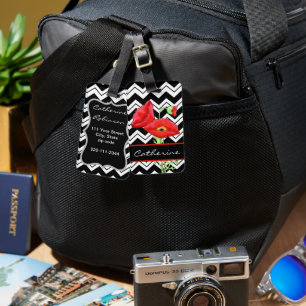 Étiquette À Bagage Red Poppy Black White Zizzag Chevron Custom