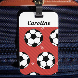 Étiquette À Bagage Red Soccer Winter Ball & Snow Striped Athlete Nom