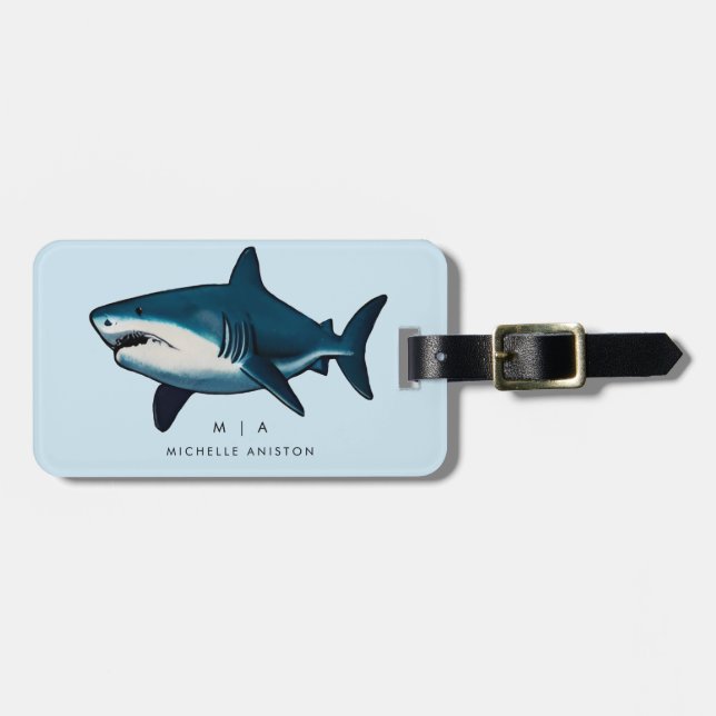 Étiquette À Bagage Requin bleu | Monogramme personnalisé (Devant horizontal)