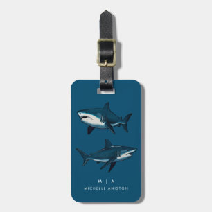 Étiquette À Bagage Requin bleu   Monogramme personnalisé
