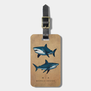 Étiquette À Bagage Requin bleu vintage   Monogramme personnalisé