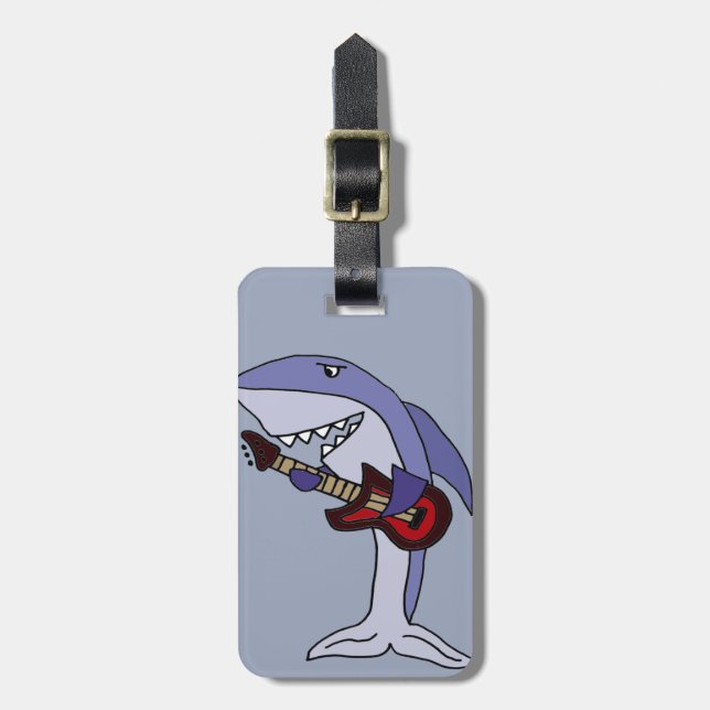 Étiquette À Bagage Requin drôle jouant la guitare rouge (Devant Vertical)