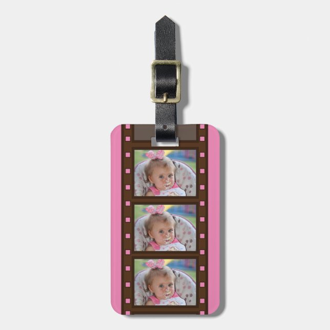 Étiquette À Bagage Retro Film Strip Jusqu'à 3 photos sur Pink (Devant Vertical)