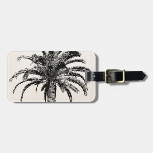 Étiquette À Bagage Rétro palmier tropical d'île en noir et blanc (Devant horizontal)
