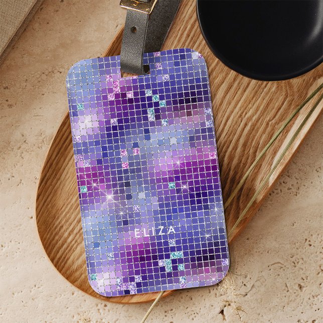 Étiquette À Bagage Rétro violet rose et bleu disco miroir | Monogramm (A glam, dark purple pink and blue disco ball inspired luggage tag)