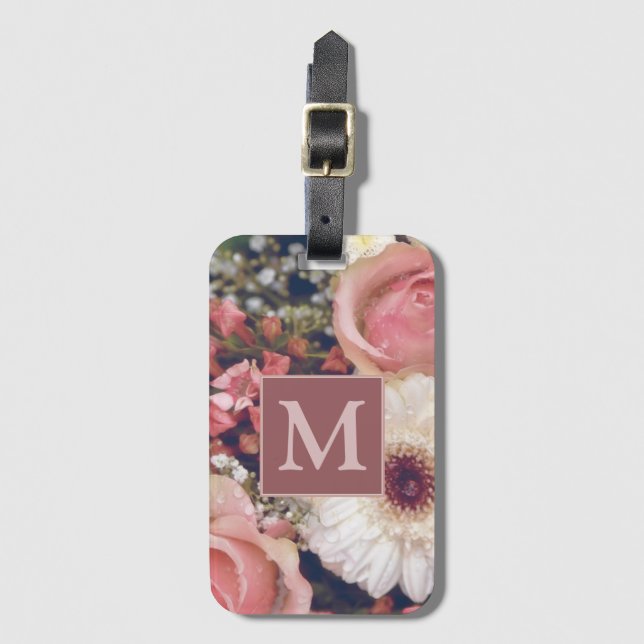 Étiquette À Bagage Romantique Roses Rose Bouquet de fleurs Monogramme (Devant Vertical)