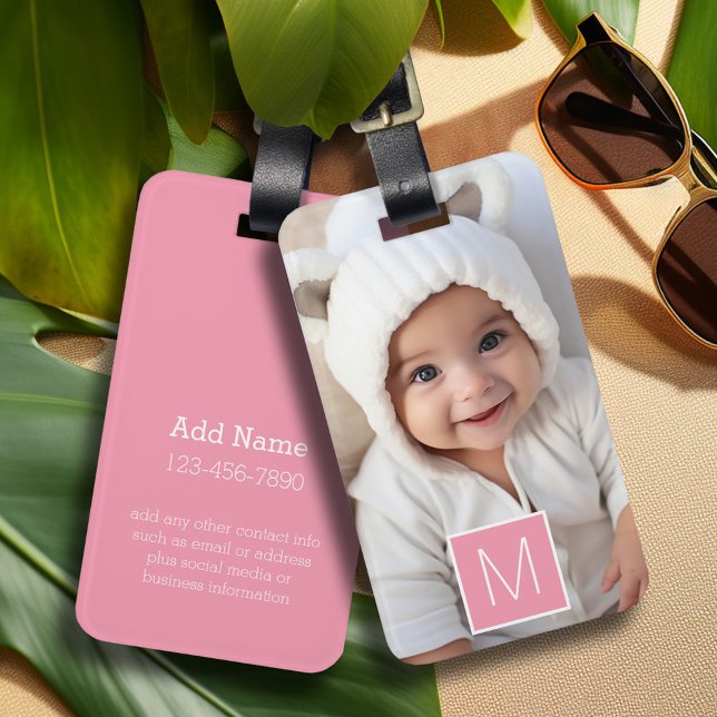 Étiquette À Bagage Rose Blanc 1 Photo Collage Personnalisé Monogramme (Personalized luggage tag with 1 photo and contact information)