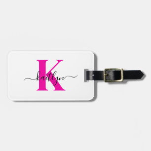 Étiquette À Bagage Rose Chaud Noir Initial Nom Monogrammé
