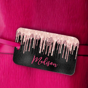 Étiquette À Bagage Rose chic rousse noir goutte à goutte monogramme