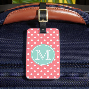 Étiquette À Bagage Rose corail et pois blancs avec Aqua frais