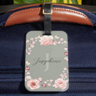 Étiquette À Bagage Rose d'aquarelle Wreath personnalisée Vert sage