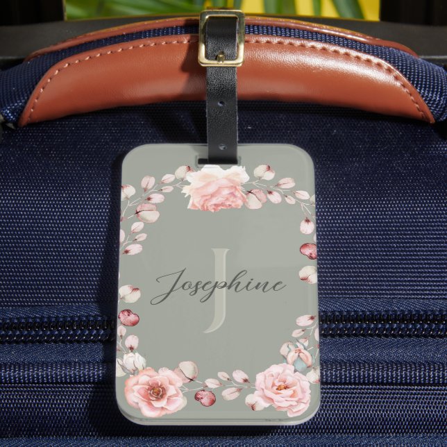 Étiquette À Bagage Rose d'aquarelle Wreath personnalisée | Vert sage (Insitu Rectoal 2)