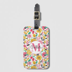 Étiquette À Bagage Rose doré Feuille Aquarelle Monogramme