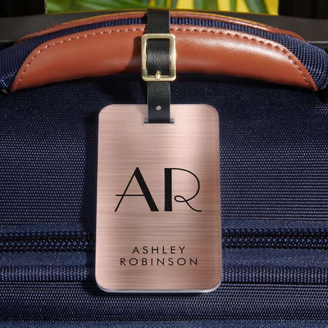 Étiquette À Bagage Rose élégant métal or Deux Monogrammes initial (Insitu Rectoal 2)