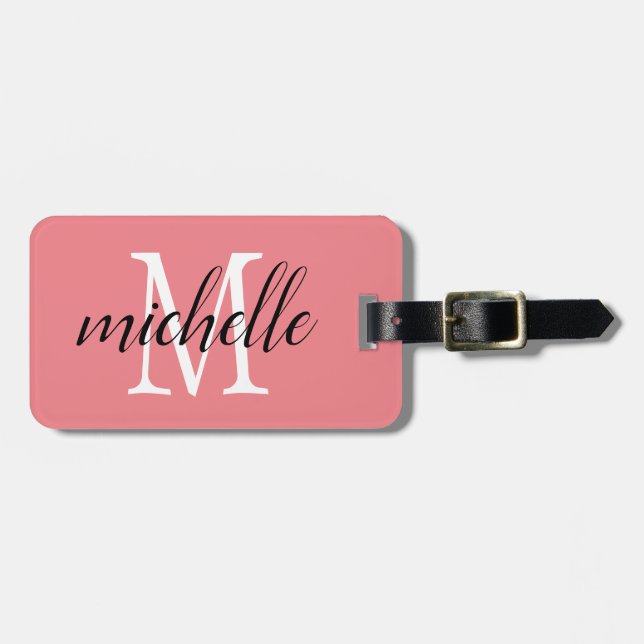 Étiquette À Bagage Rose et blanc | Monogramme moderne personnalisé (Devant horizontal)