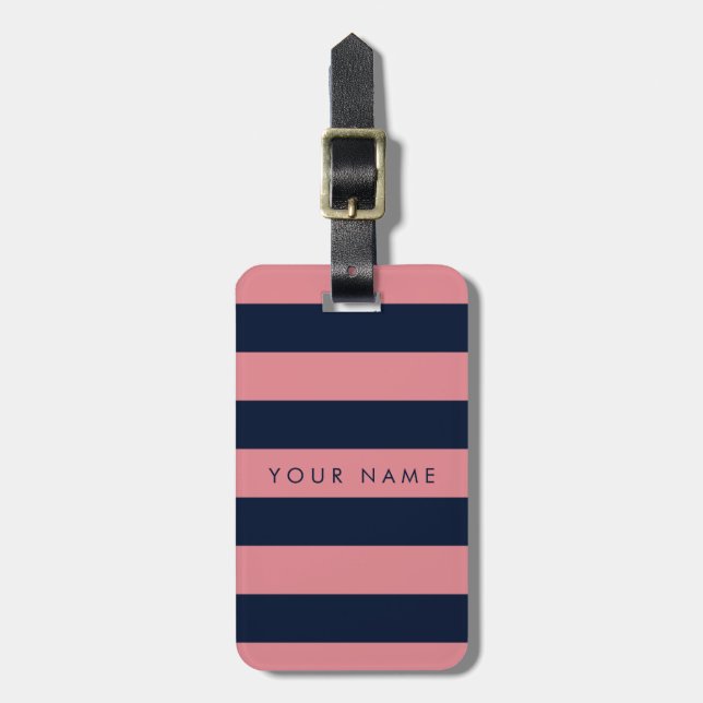 Étiquette À Bagage Rose et bleu marine barré personnalisé (Devant Vertical)
