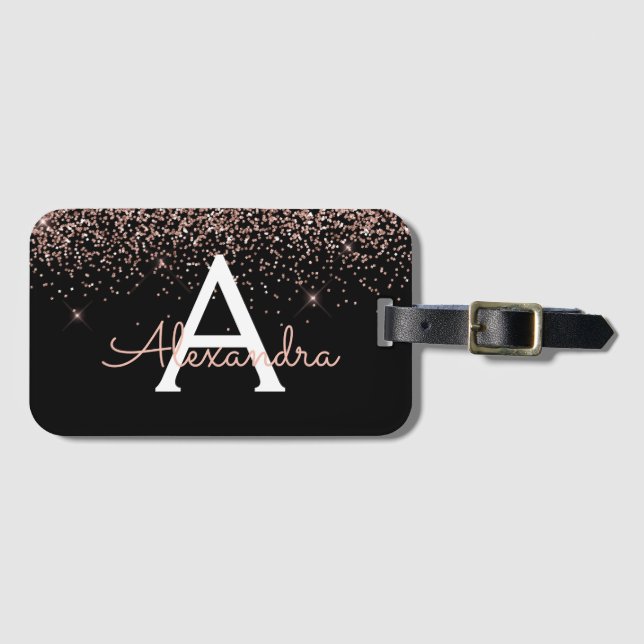 Étiquette À Bagage Rose Gold Blush Pink Black Parties scintillant Mon (Devant Horizontal)