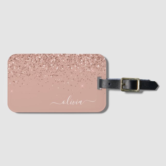 Étiquette À Bagage Rose Gold Blush Pink Girly Glitter Monogram (Devant Horizontal)