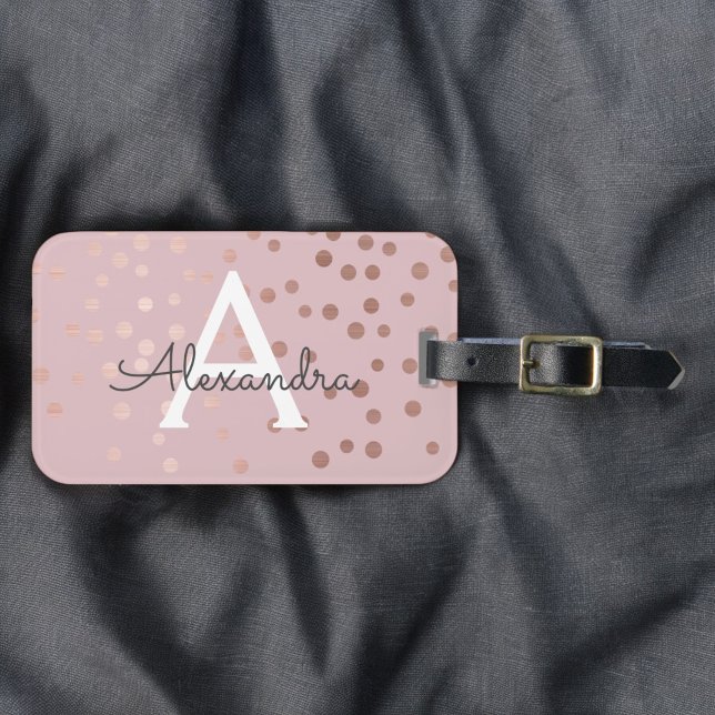 Étiquette À Bagage Rose Gold Confetti Monogramme Nom et initiale (Créateur téléchargé)